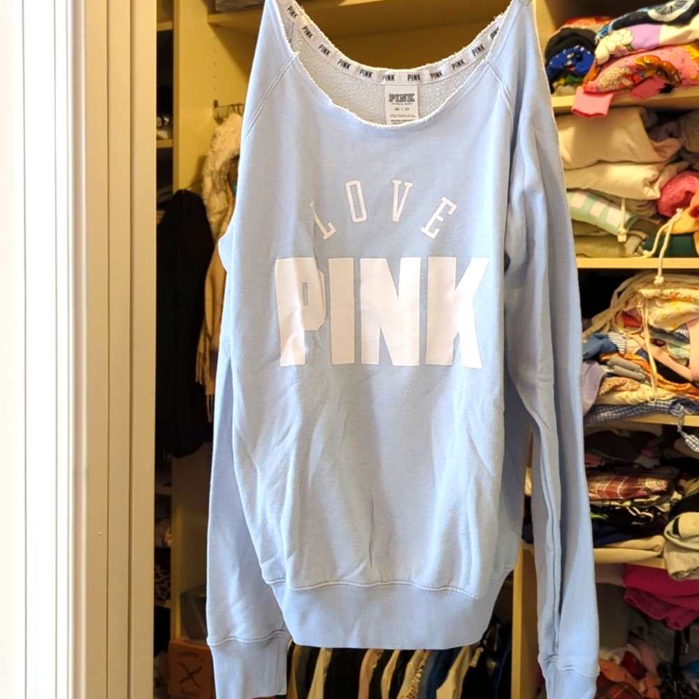 Victoria's Secret PINK XS off the shoulder sweatshirt in baby blue.